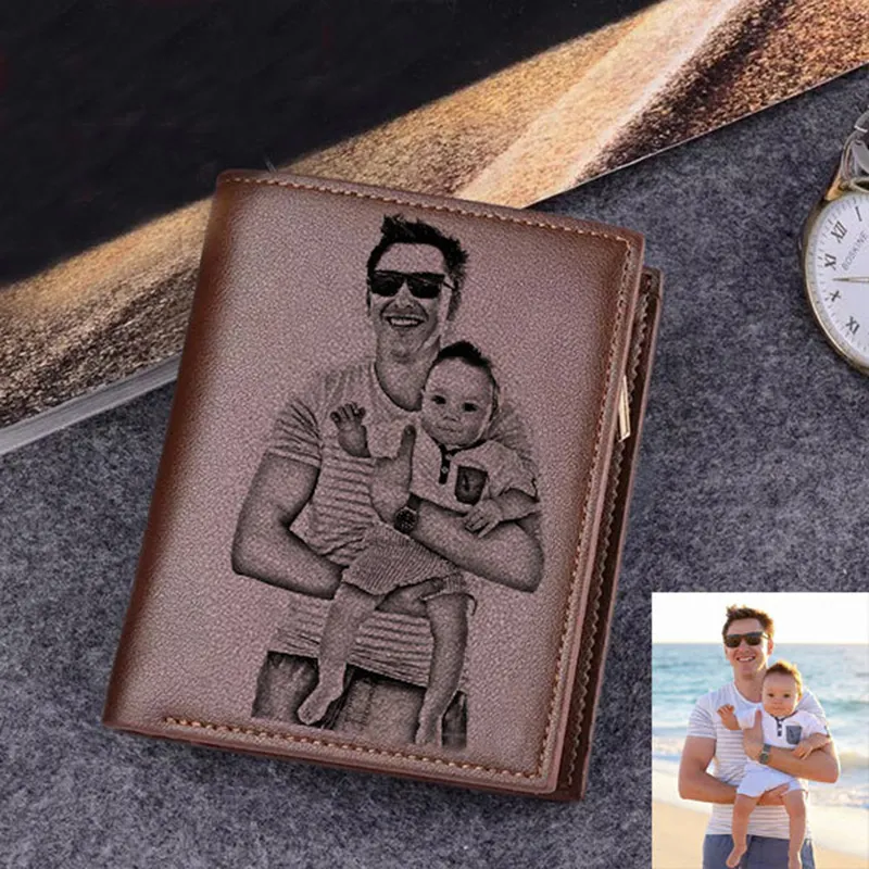 No LOGO Foto incisa da uomo personalizzata Corta in pelle PU Immagine personalizzata con incisione di testo Portafoglio Regalo la festa del papà