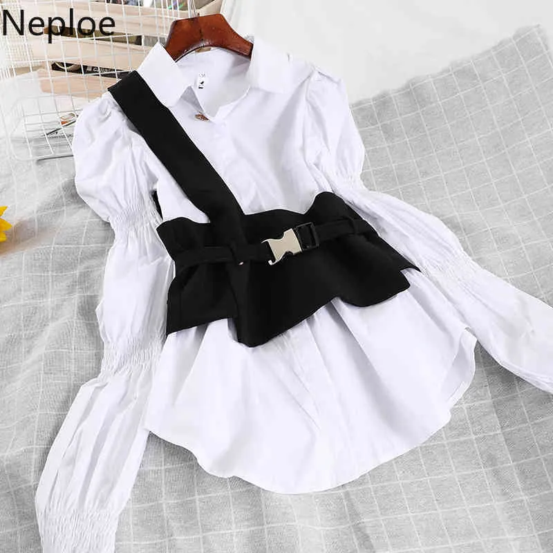 Neploe Frauen Bluse Baumwolle Puff Sleeve Slim Weißes Hemd Chic Weste Sling Tops Koreanische Mode Blusen Blusas Mujer De Moda 210422