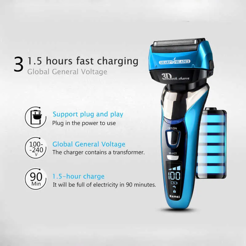 Kemei Shaver Elétrico para Homens Recarregável Barba Trimmer Profissional Razor Body Bear Máquina de barbear 3D Blade Shaver Head P0817