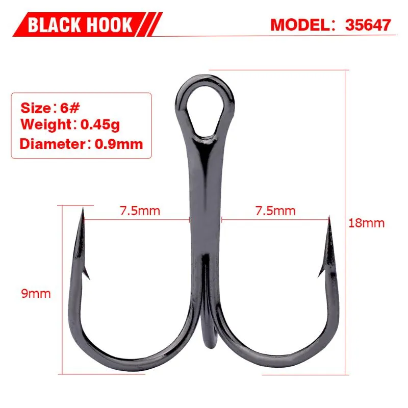 Fiskekrokar 50 st 2 # 4 6 8 10 Black Hook High Carbon Steel Triple Inverted Tackle Round Bend for Bass239C