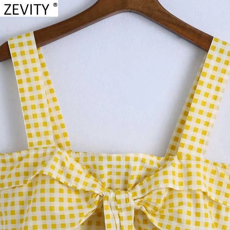 Zevity fransk stil Kvinnor söt båge bunden plädtryck gul kort smock blus kvinnlig chic sling skjorta chic blusas toppar ls9160 210603