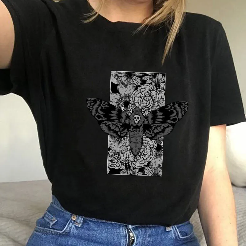 Aesthetic Gothic Death Moth Women T Shirt Streetwear Harajuku 90s Vintage Cotton Short Sleeve Graphic Tee Egirl Edgy Grunge Clot 210518