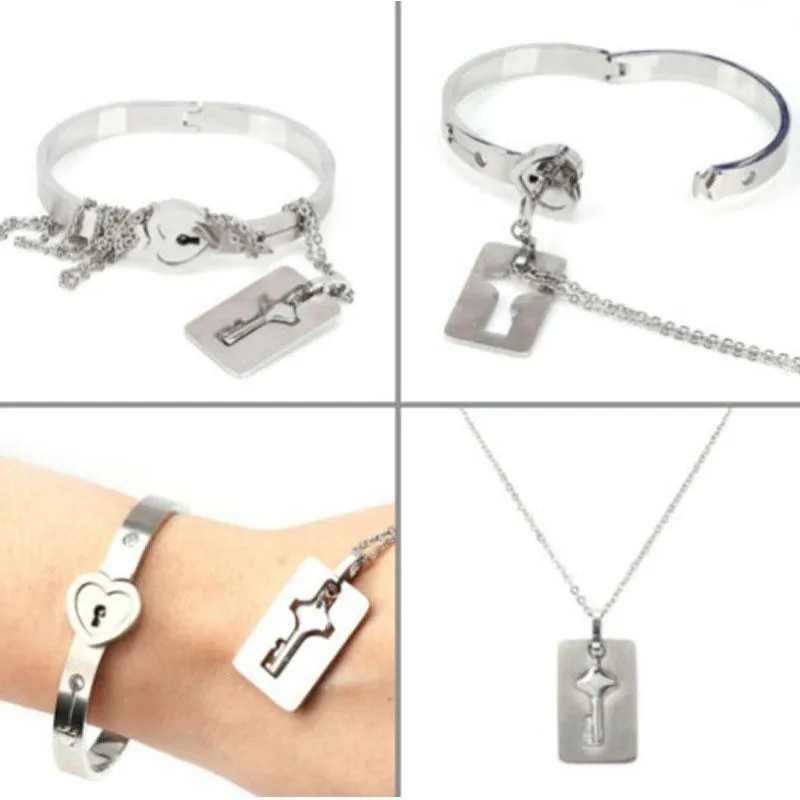 Paar Titanium Stalen Slot Bangle Armband En Sleutel Hanger Ketting Liefde Set Vrouwen Mannen Liefhebbers Jewelry228e