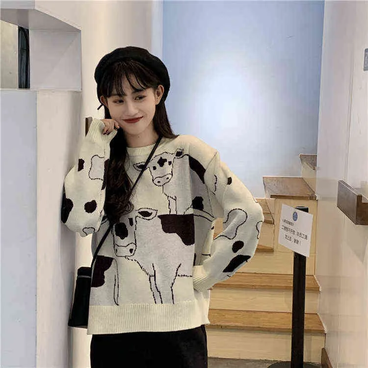 XUANHAO Vintage Casual Lazy Cow Sweater Female Korean Harajuku Sweaters Japanese Kawaii Cute Ulzzang Jumpers Drop Ship Y1118