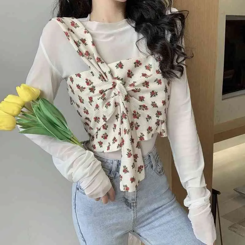 Ezgaga dois pedaços conjunto mulheres irregulares colheitas de alças superiores outwear moda coreana dentro de camiseta sexy floral impresso camis casual 210430