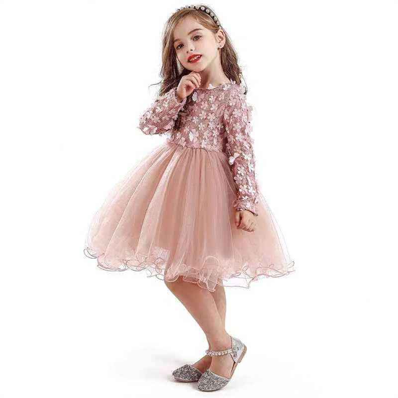 Spring Little Girls Flower Lace Princess Dress Party es Children Holiday Mesh Tutu Kids Long Sleeve Casual Clothing 211231
