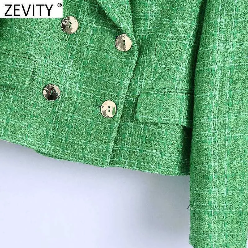 Zevity Femmes Angleterre Style Double Boutonnage Vert Tweed Laine Blazer Manteau Vintage Femme À Manches Longues Chic Costumes Tops CT695 211006