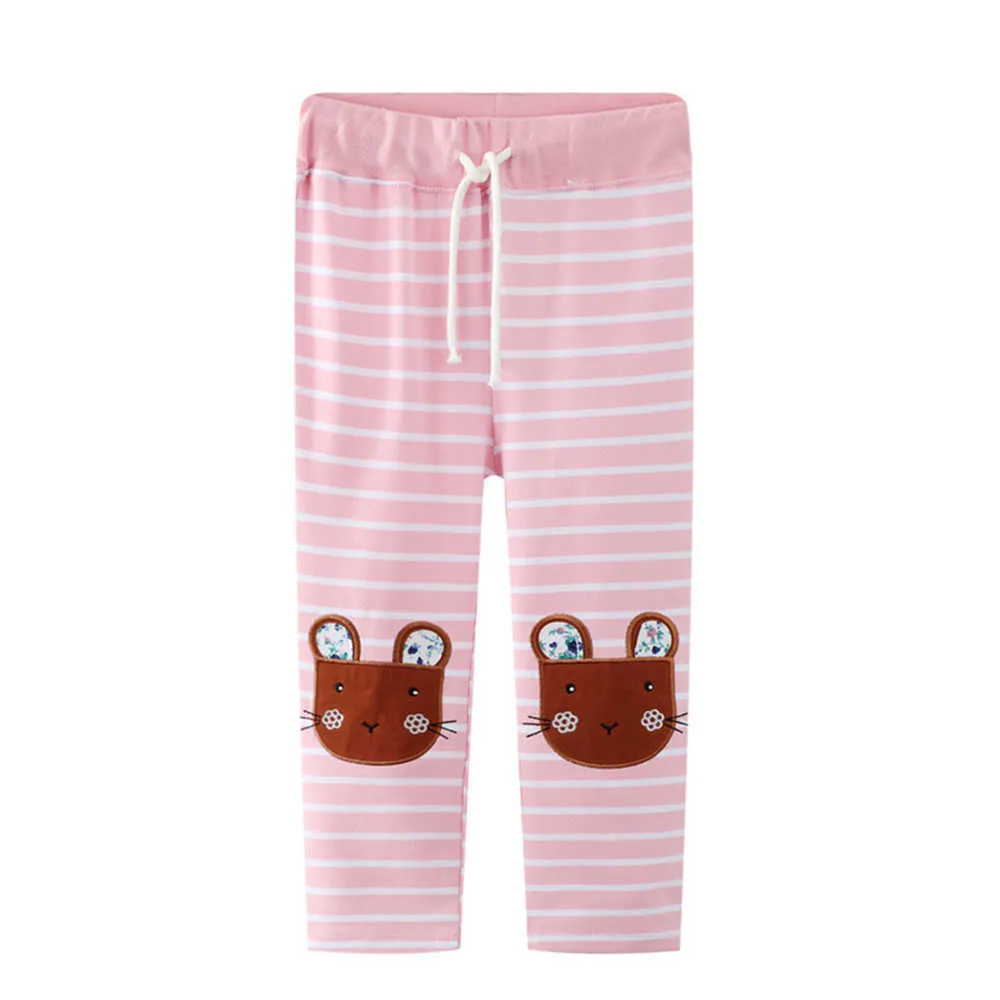Jumping Meters Autumn Girls Animals Embroidery Cute Children's Sweatpants Stripe Drawstring Baby Full Length Trousers Pants 210529