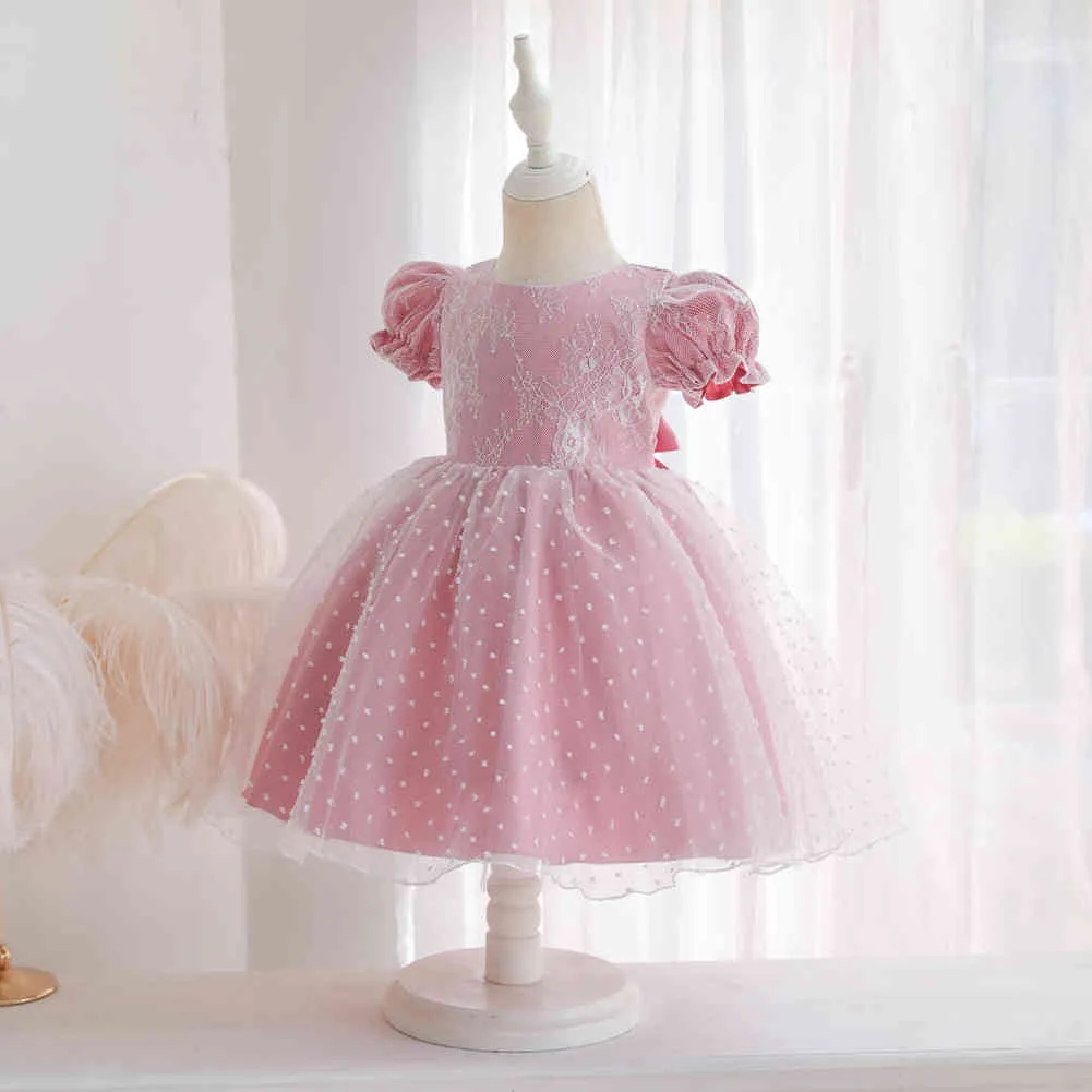 6M-5Y Maluch Niemowlę Baby Kid Girls Sukienka Koronki Bow Puff Rękaw Tulle Party Wedding Birthday Dresses dla 210515