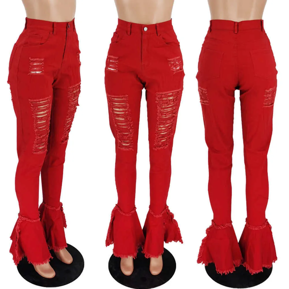 Tsuretobe Jeans déchirés pour femmes taille haute Flare volants Patchwork Sexy Bell Bottoms Pantalon Vintage Rouge 210809