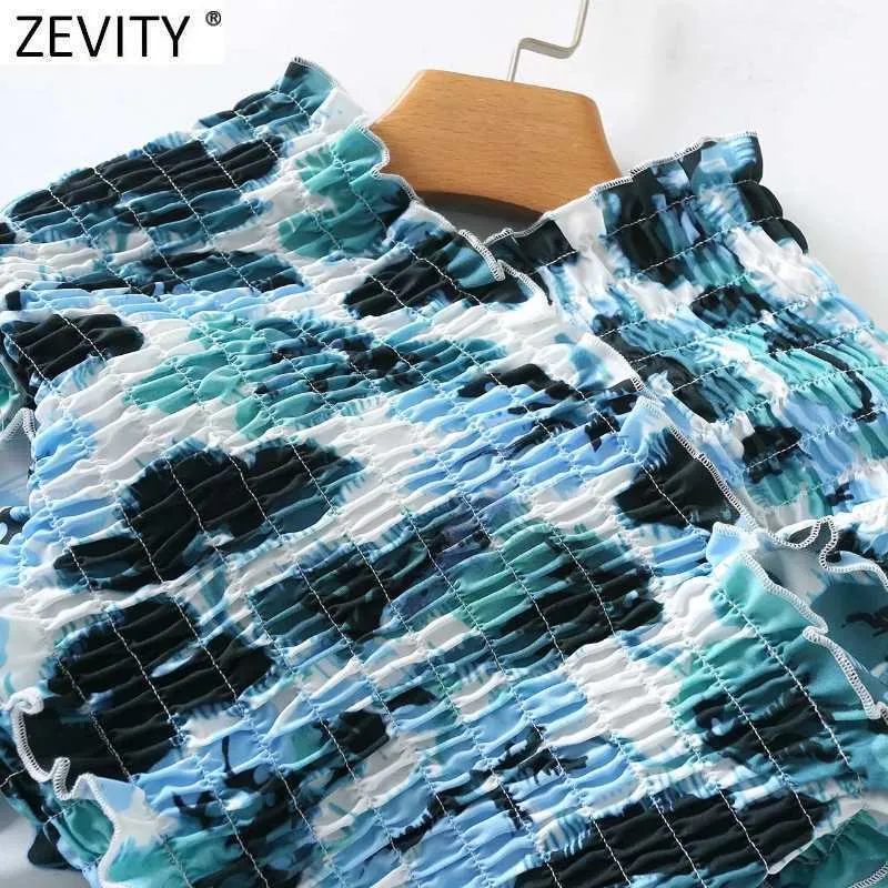 Zevity Frauen Sexy Off Schulter Digitaldruck Dünne Kurze Bluse Weibliche Kreuz Elastische Rüschen Hemd Chic Blusas Tops LS7616 210603