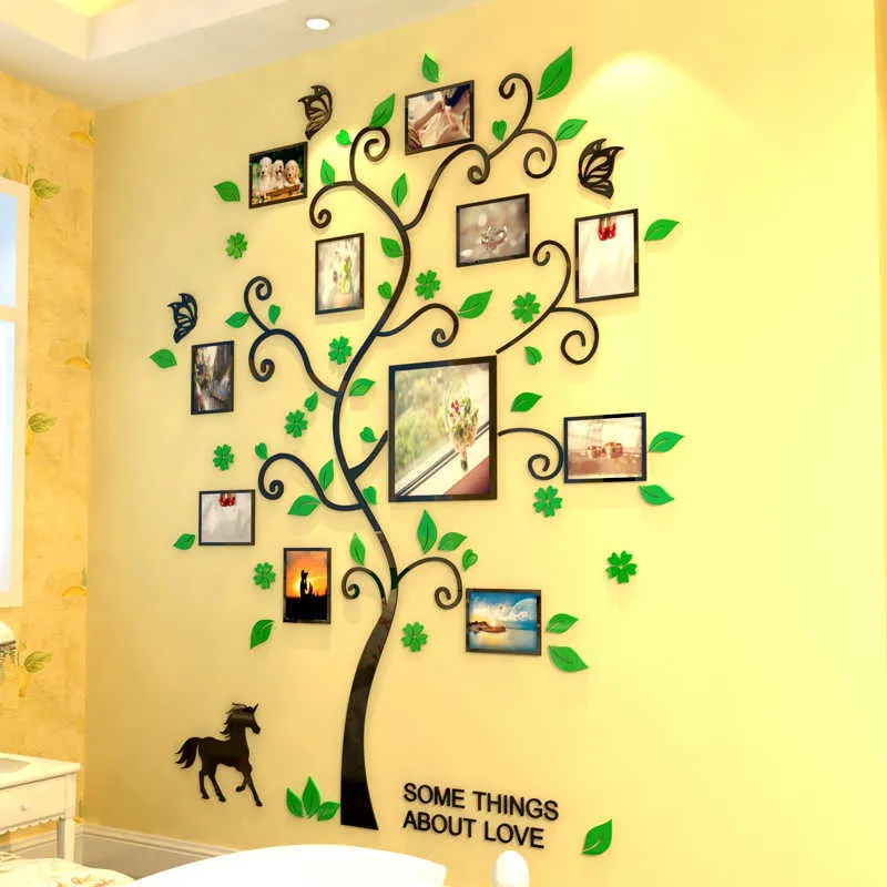 Décor à la maison autocollant mural arbre miroir Po plante pour chambre d'enfants acrylique famille affiche décalcomanie papier peint 210929