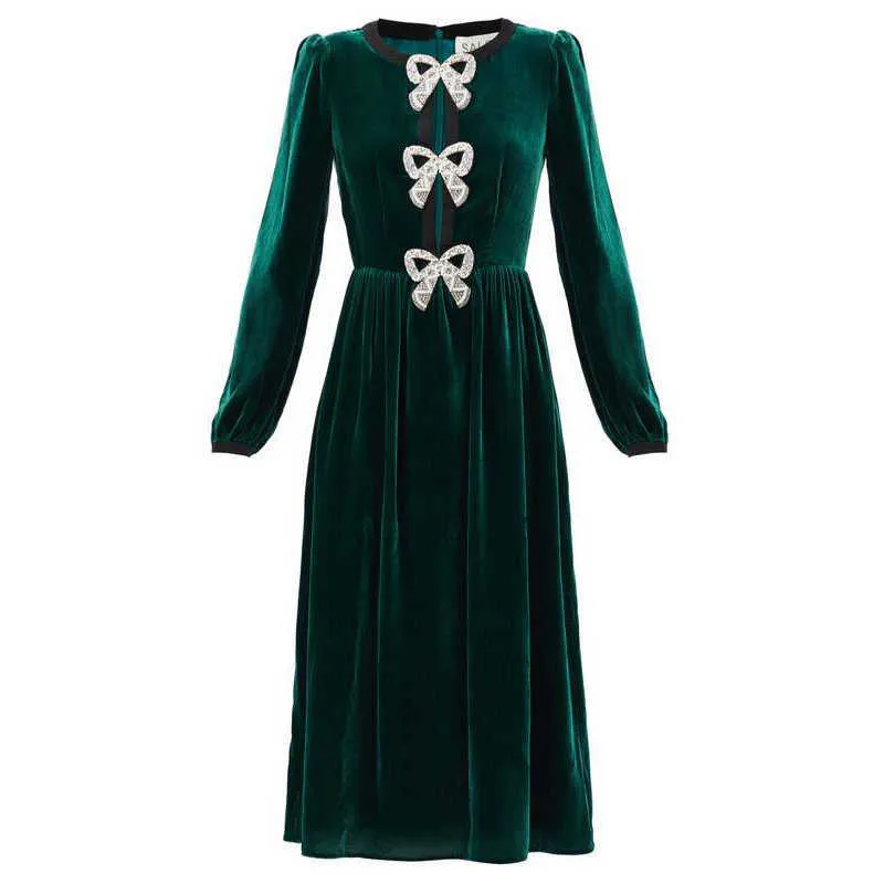 Högkvalitativ Est Designer Runway Dresses Women's Elegant Long Sleeve Fashion Beading Bow Velvet Dress 210526215w