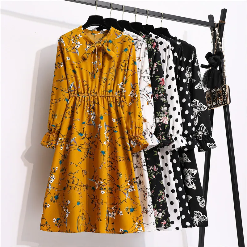 Korean Chiffon Spring Summer Dres Vintage Floral Printed V-Neck Elastic Taille Fashion Beach Midi Sundress Vestidos 220215