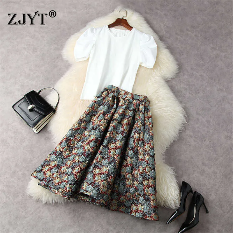 Women Fashion Summer Runway Set Designers Puff Sleeve White T Shirt and Jacquard Ball Gown Skirt Suit Vintage Outfits 210601