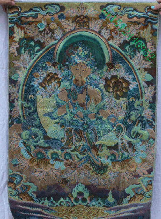 Tibet Budizm Ipek Nakış Koltuğu Yeşil Tara Thangka Boya Mural. 211108