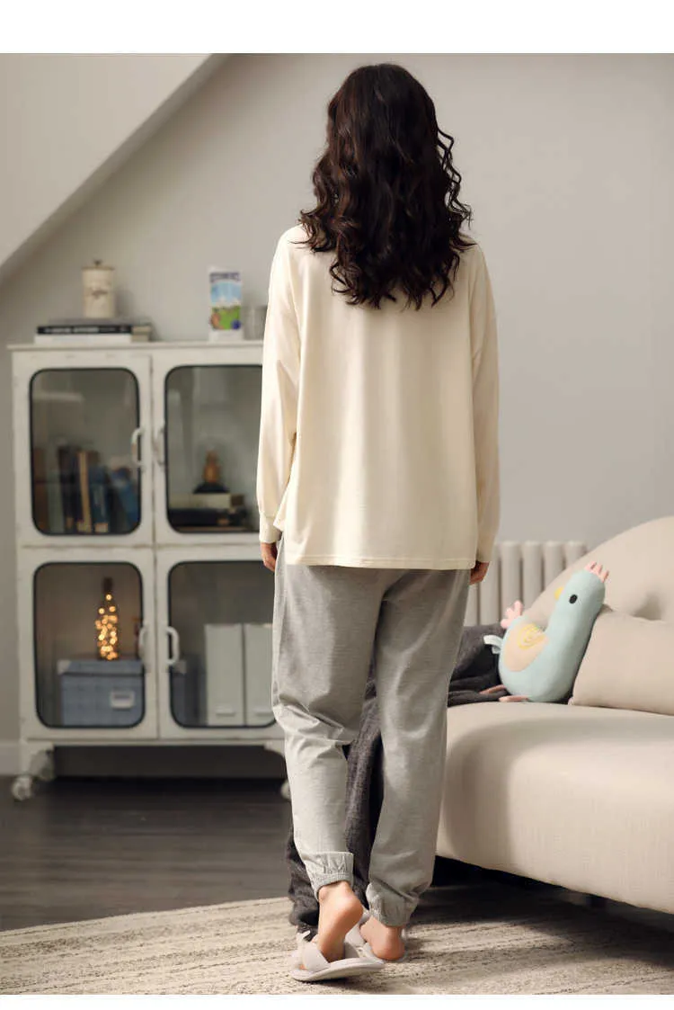 Home Wear Langarm Herbst Winter Pyjama Set Solide 100% Baumwolle Nachtwäsche Lounge Indoor Kleidung Plus Größe 210809