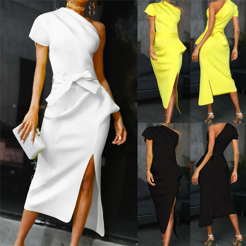 FY Womens Bodycon One Shoulder Dress Ladies Party Evening Midi Abiti robe femme robe longuebandage dress vestidos X0521