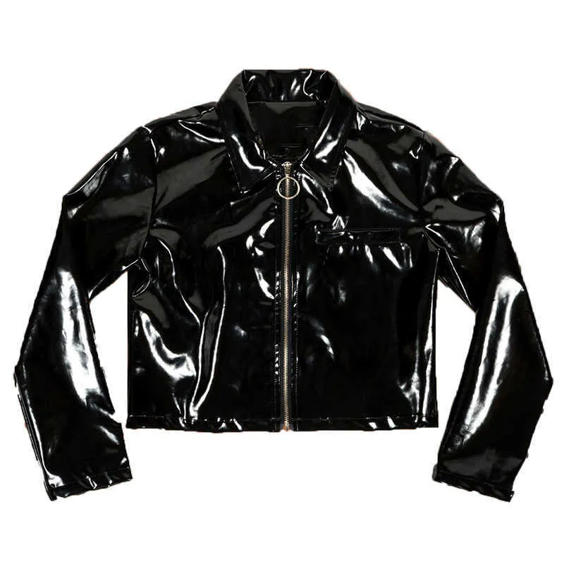 fashion brand Patent leather jacket female Glossy fabric pu leather short coat European stations Slim jackets wj2716 211007