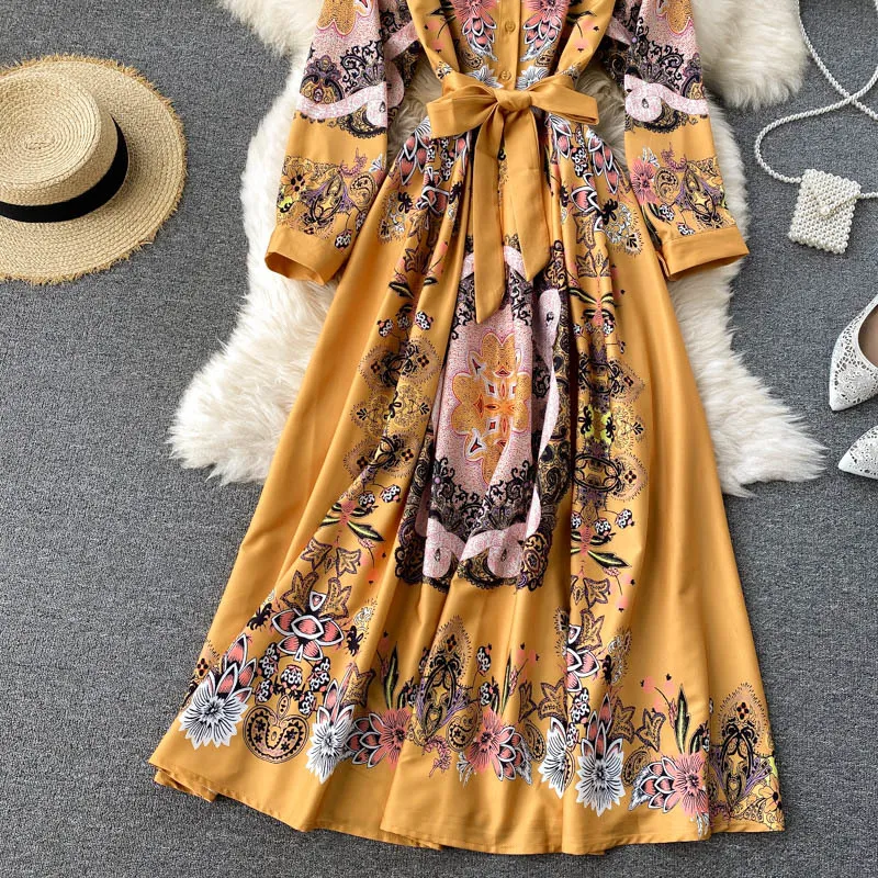 Singreiny Retro Impressão Maxi Vestido Mulheres Chic Coloque Colares Botão A-Linha Vestido Outono Coreano Boho Floral Corte Vento Longo Robe 210419