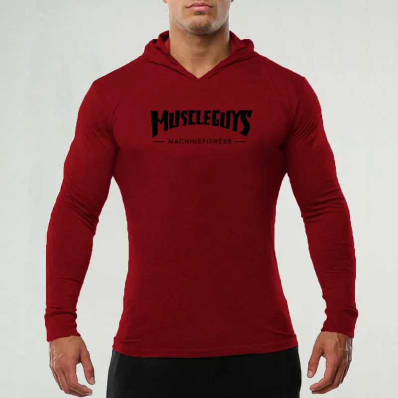 Fitness homens moda sportswear com capuz t-shirt homens manga comprida bodybuilding camiseta homem gym basculador sapates treino tshirt 210421