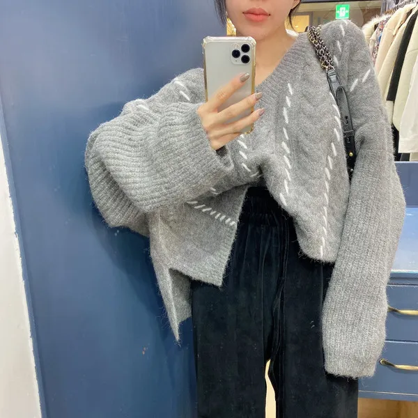 Color-bloqueado V-pescoço de malha pullover jumpers mulheres luva cheia solta coreana moda feminina camisola tops femme 210518
