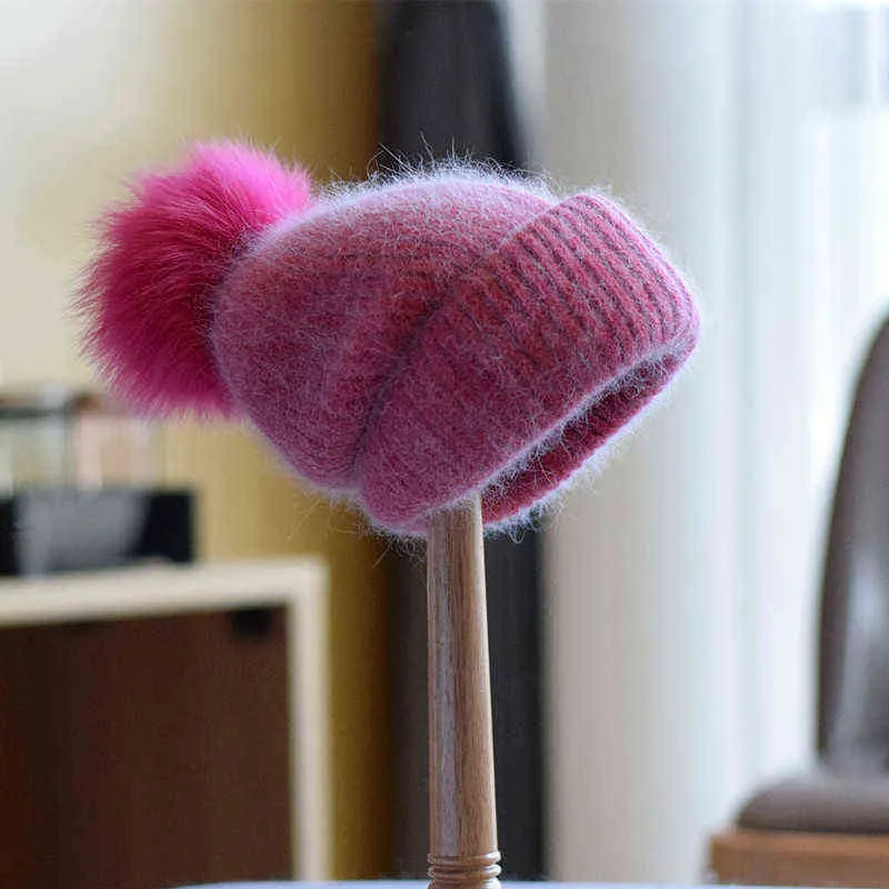 Hat Women Winter Angora Knit Real Fur Pompom Beanie Autumn Warm Skiing Accessory For Girl Teenagers Outdoors Luxury 211229