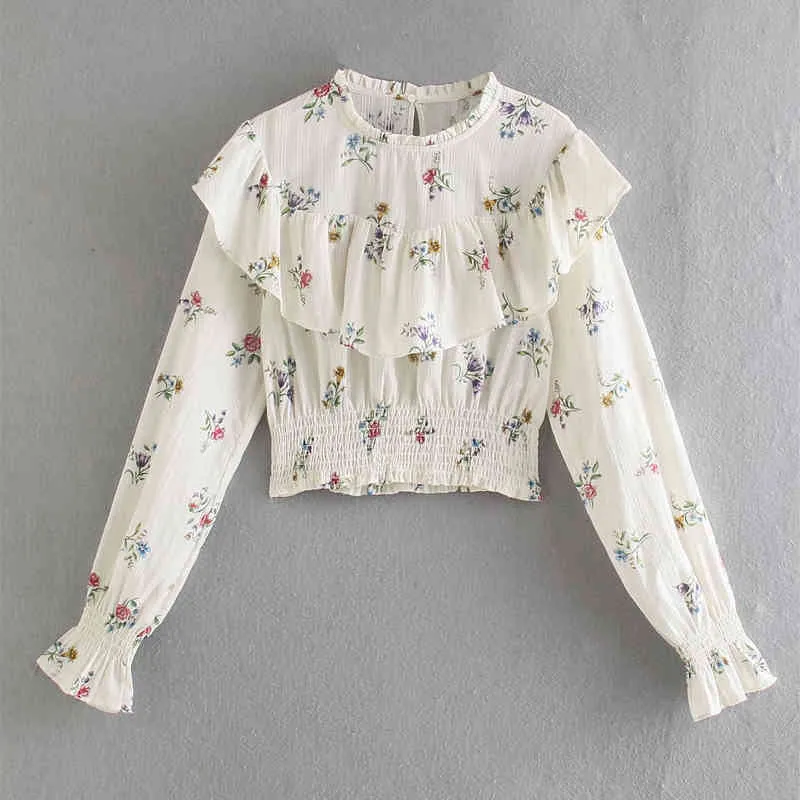 Vuwwyv vit blommig print ruffle kvinna blouses sommar chic retro crop topp kvinnor långärmad avslappnad smock elastisk ben 210430