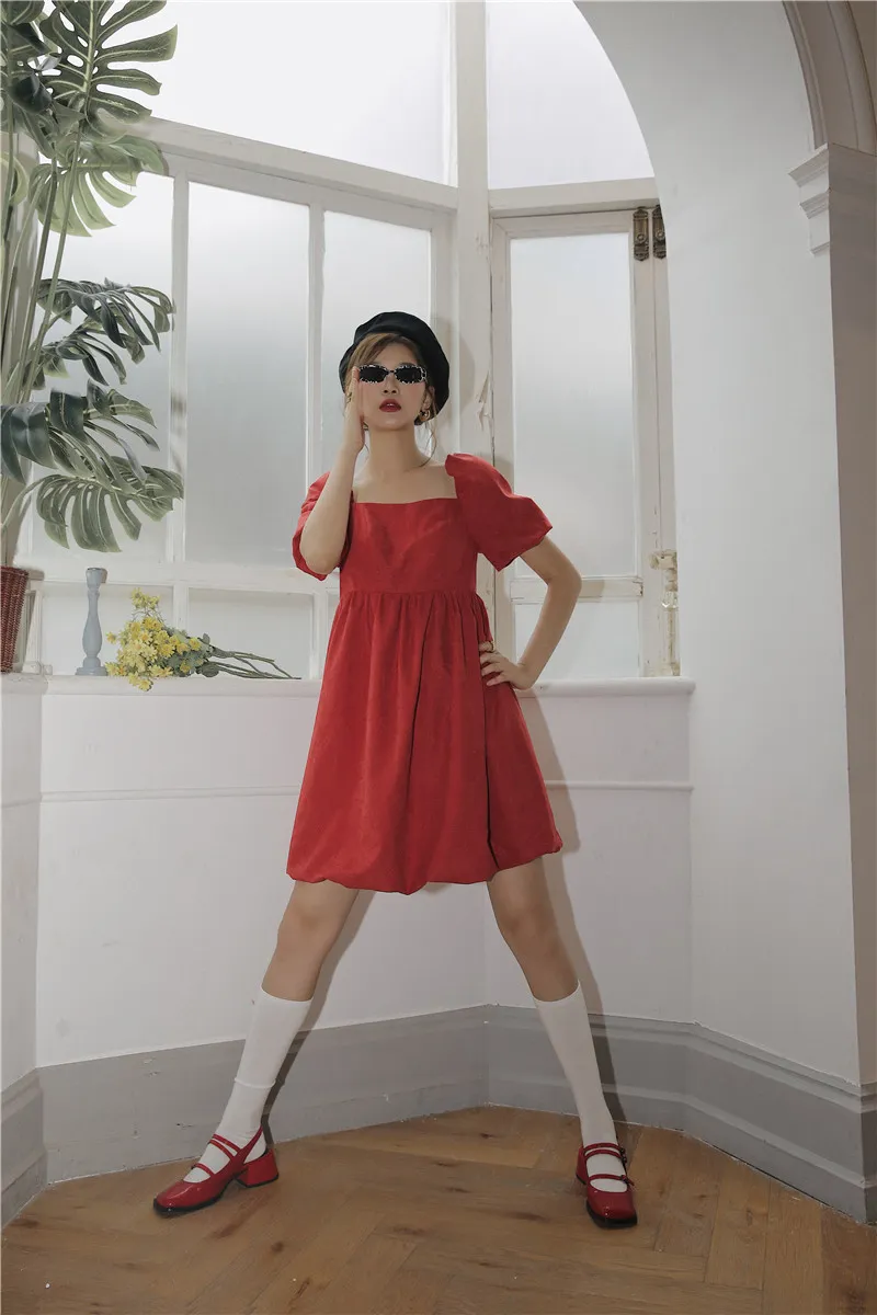 Robe d'été à manches bouffantes rouges et col carré, ligne A, ample, courte, mini femme, style coréen 210427