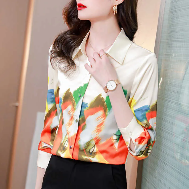 프랑스 스타일 오일 프린팅 셔츠 패션 여성 블라우스 봄 여름 블라우스 긴 소매 꼭대기 셔츠 Blusas Mujer 210702