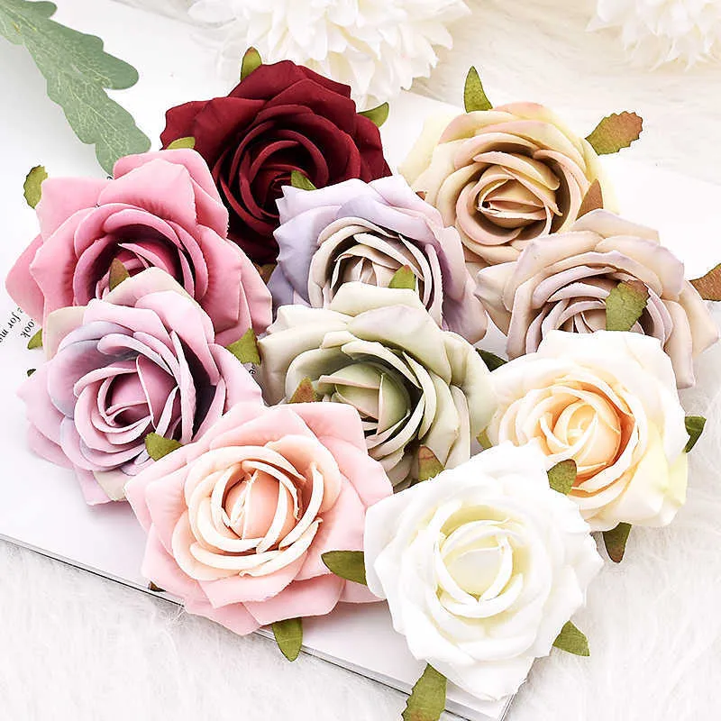 30 Uds. Cabezas de flores de seda artificiales rosas blancas decorativas para álbum de recortes para el hogar boda cumpleaños decoración flores rosas falsas 210925