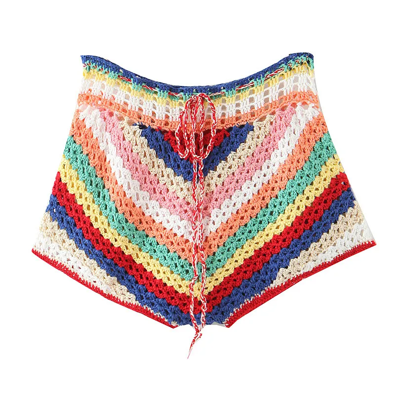 2020 BOHO Lacing Up Color Rayado Mano Crochet Cardigan Suéter Mujeres Vendaje Mini Shorts Cortos Media Manga Tops 2 Piezas Set X0428