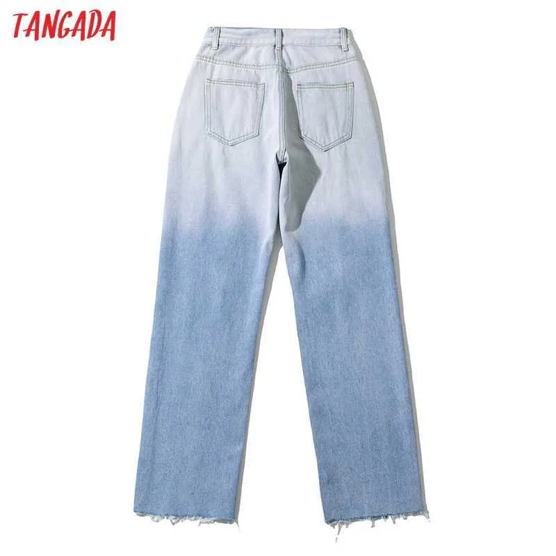 Tangada Mode Femmes Dégradé Bleu Déchiré Lâche Jeans Pantalon Long Pantalon Poches Boutons Femme Pantalon PP10 210609