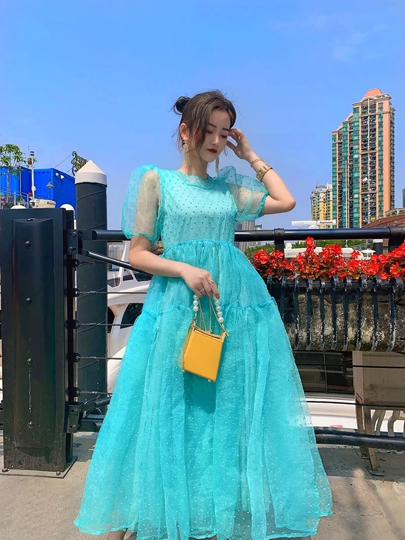 Summer Dress Vintage Women Sweet O-Neck Puff Sleeve Pleated Big Swing Dress Women Fairy Party Dresses 210518