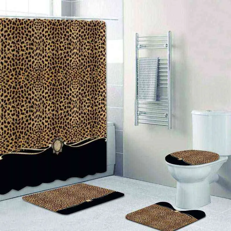 Feminino rosa fita leopardo impressão cortina de chuveiro conjunto moderno chita leopardo banho cortinas para banheiro decoração casa 211102277e