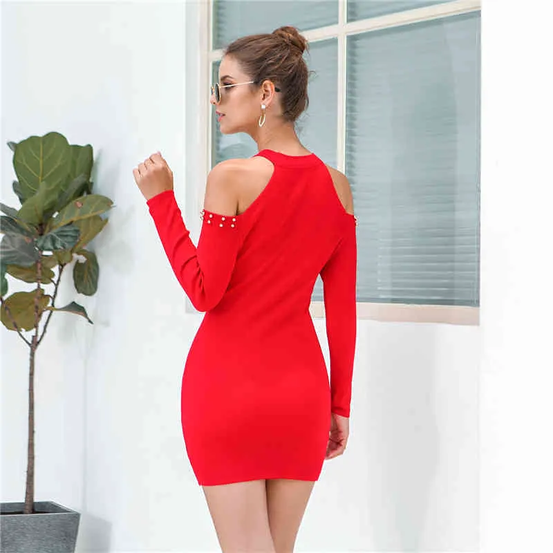 Осенняя бисера красный тонкий карандаш платье без плеча вязаный свитер короткие мини платья офисные дамы повседневные Vestidos Mujer de Moda 210520