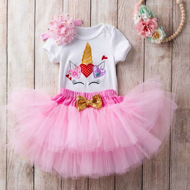 Summer Valentine Day Baby Girls 2-pcs Sets Cartoon Unicorn Crown T-shirt + Tutu Skirt Outfits Children Jumpsuit E011 210610