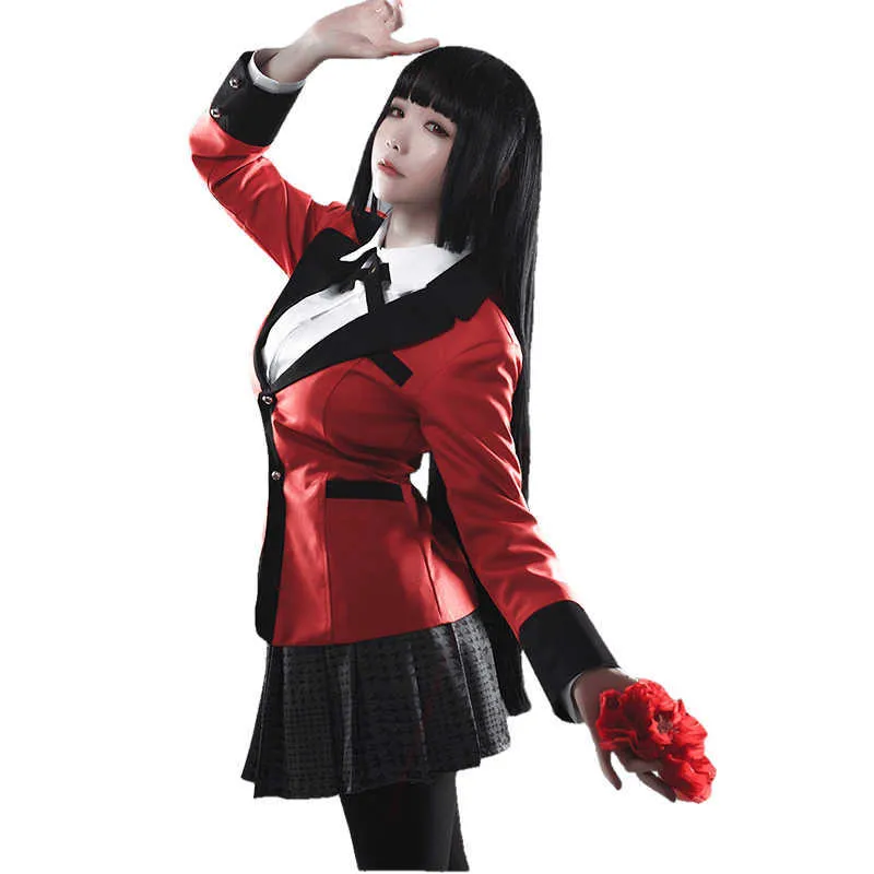 Anime Kakegurui Jabami Yumeko Cosplay Kostüme Uniform Compulsive Gambler Uniformen Perücken Anzug Halloween Frau Party Kostüm Y0913