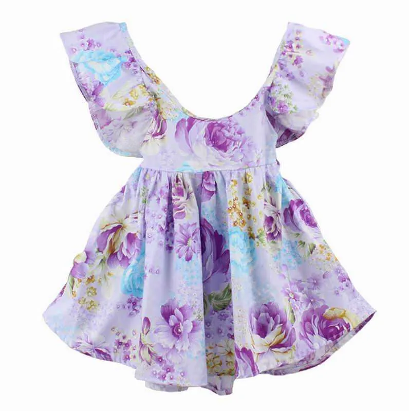 Atacado Verão Páscoa Meninas Vestidos Estilo Boêmio Backless Ruffle Floral Algodão Férias Sundress Crianças Roupas 1-6Y E7125 210610