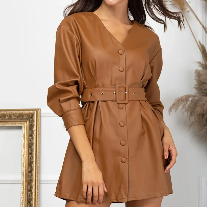 Femmes PU Mini Robe Nouveau Sexy Col En V À Manches Longues Boutons Simples Ceinture Slim A-ligne Robe De Soirée Dame Casual Solide Streetwear Automne 210412