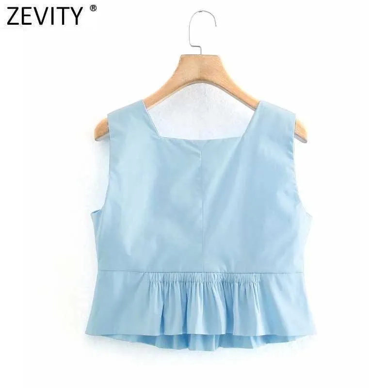 Zevity Women Square Collar Solid Color Hem Pleat Ruffles Short Smock Blouse Female Sleeveless Shirt Chic Blusas Tops LS9027 210603