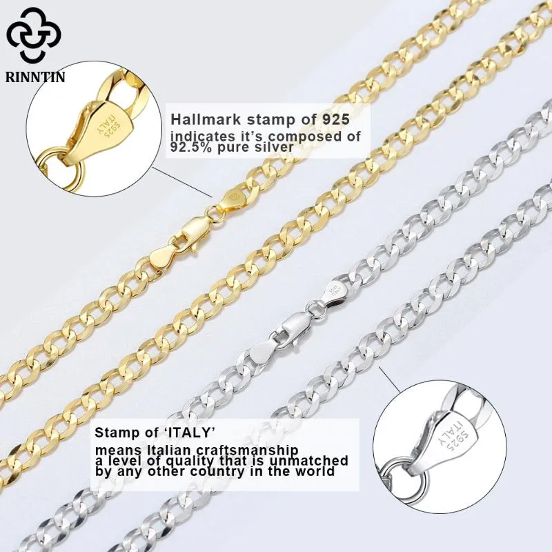 Chaînes Rinntin 18K or sur 925 argent Sterling 3mm italien diamant coupe cubaine lien chaîne collier pour femmes hommes bijoux de mode S2935