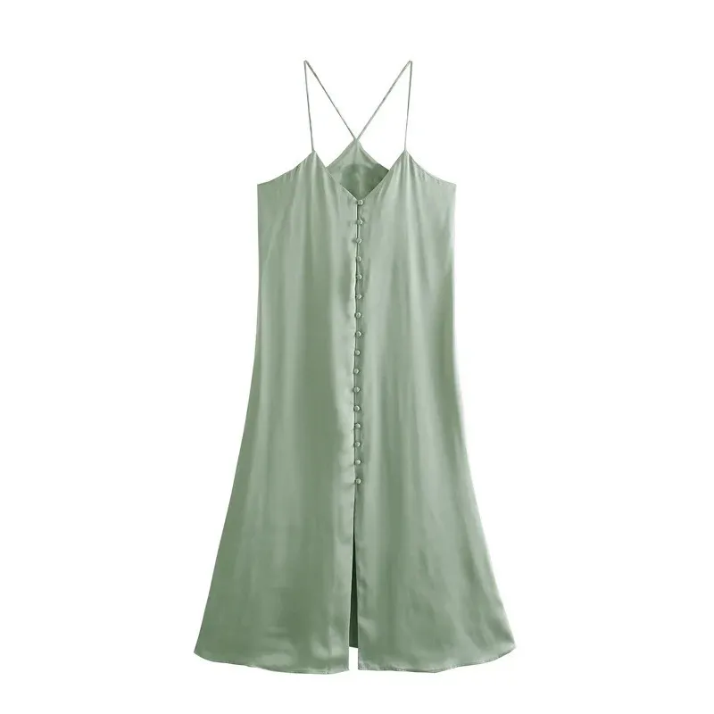 Groene Camisole Midi Satijn Jurk Dames Elegante V-hals Backless Sexy Slip Party Es Woman Long Summer 210519