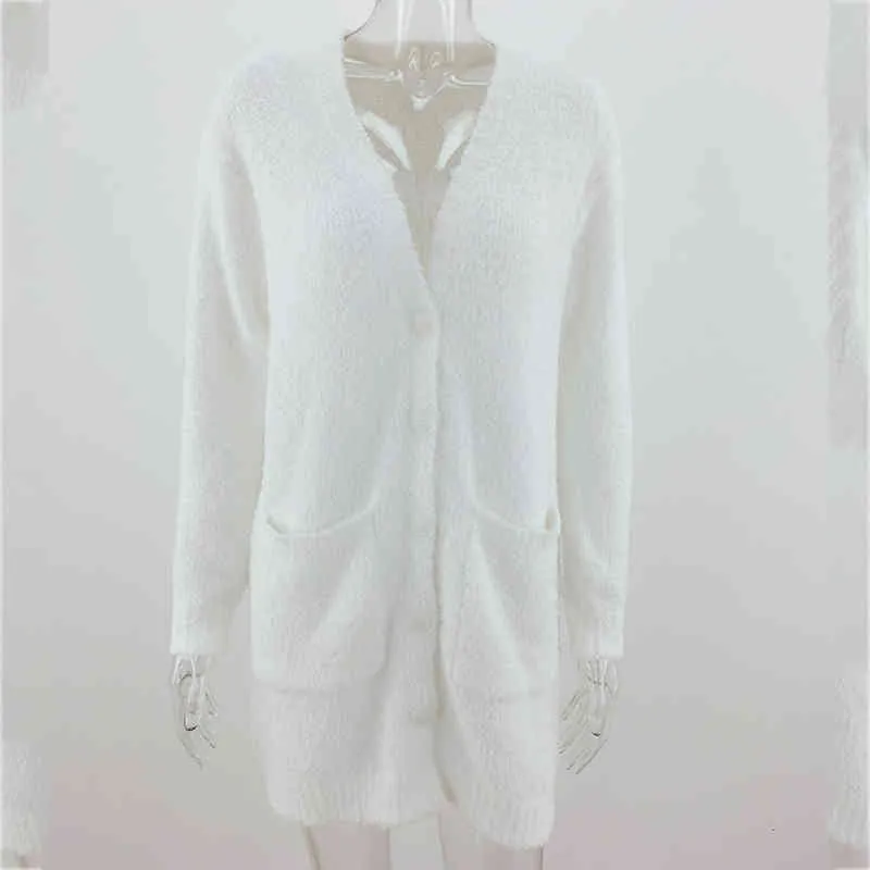 Foridol Dzianiny Długie Cardigans White Fluffy Jesień Winter Button Cardigans Rozmyty Casual Biurowe Damskie Kardynanie Topy 210415