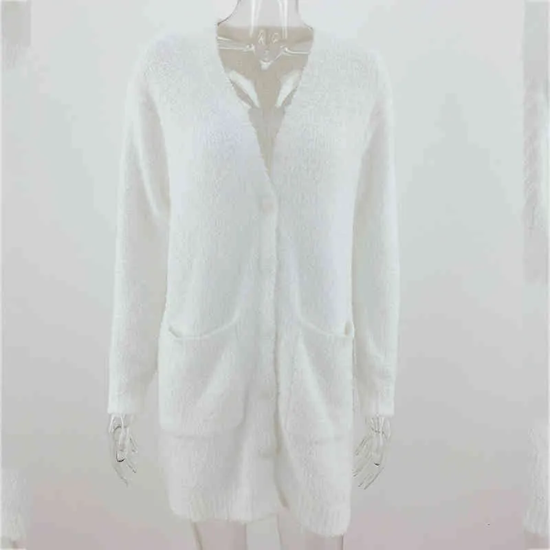 Foridol stickade långa cardigans vit fluffig höst vinterknapp cardigans fuzzy casual office damer cardigan toppar 210415