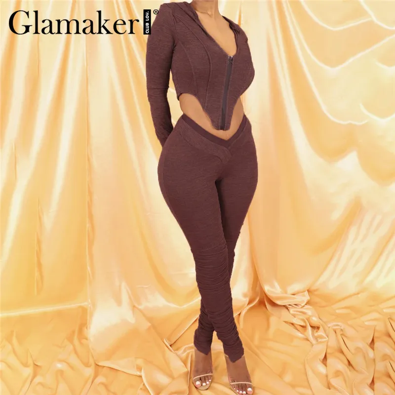 Glamaker Set da due pezzi fitness a manica lunga da donna autunno sexy crop top e pantalone completo da donna streetwear club outfit 210412