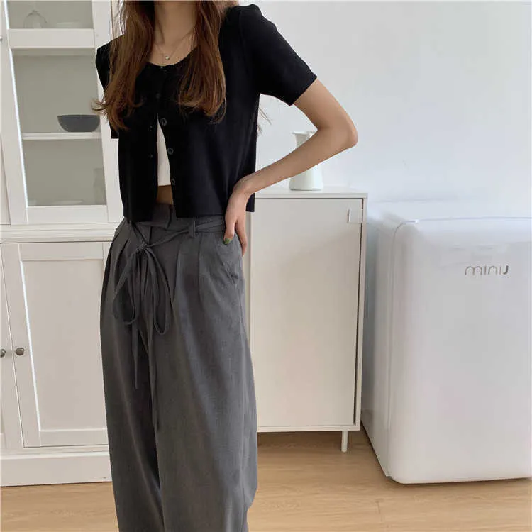 Pantalon taille haute en vrac avec cordon de serrage gris pour femmes Mujer Pantalones Streetwear Casual Straight Black Wide Leg Pants Costumes 210610