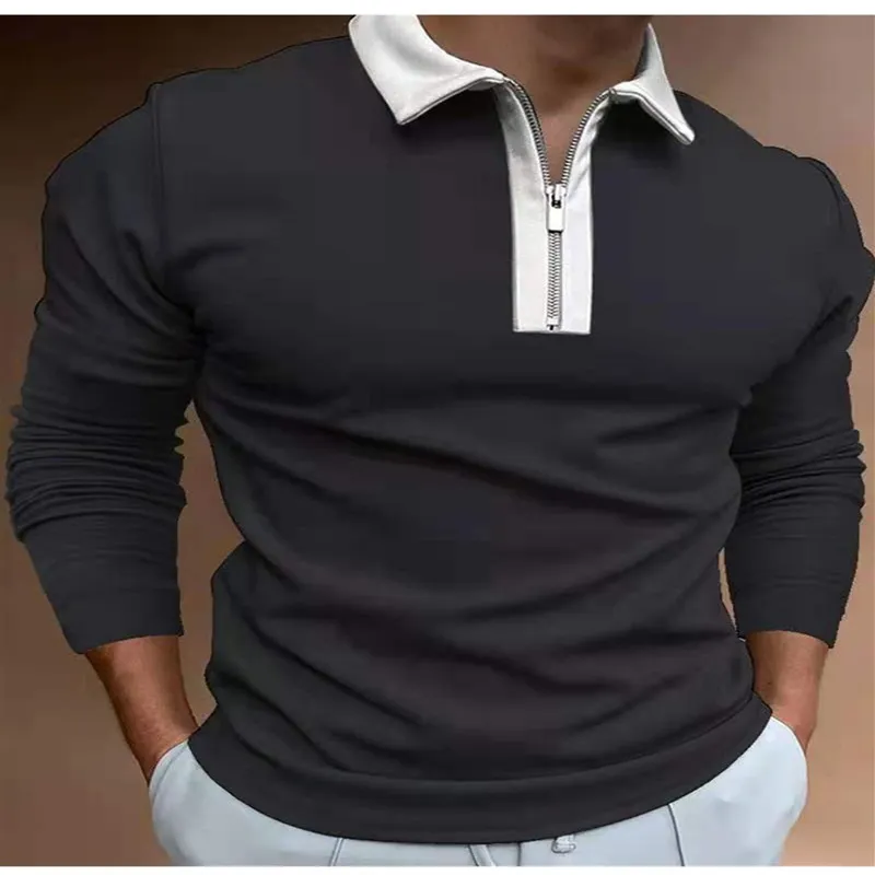 Europe Size Solid Color Men Polo Shirts Autumn Casual Fashion Long Sleeve Polos Turn-Down Collar Zippers TEES Mens Shirts 220312