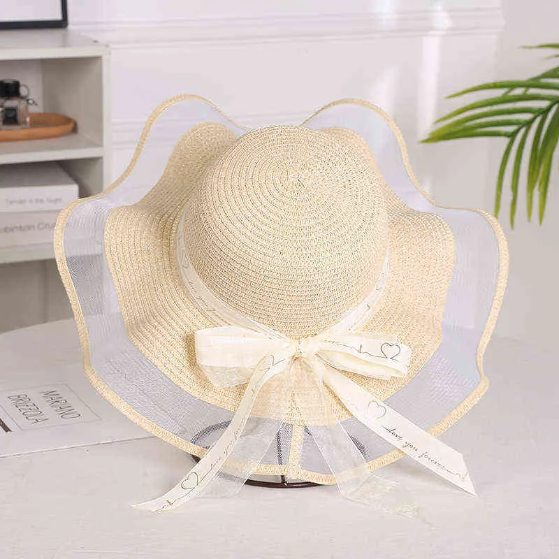 Chapeau de paille Big Bow de 5,5 pouces pour femmes, grande disquette, chapeau de plage enroulable pliable, chapeau de soleil, chapeau de paille élégant avec bords en maille G220301
