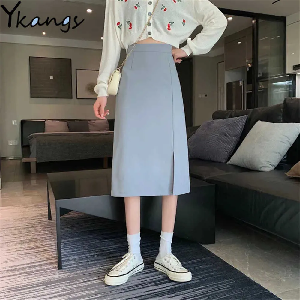 Simple Slim High Waist Side-Slit Empire Wild Solid Mid-Calf Women Aline Skirts Korean Style Casual Black Elegant Office Ladies 210619